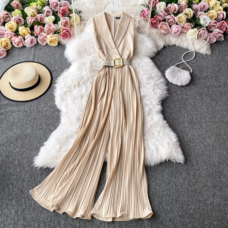 O Neck  Sleeveless Vest Jumpsuit Women High Waist Lace Up Slim Pleated Wide Leg Pant Bodysuit Vintage French Elegant Chic Romper