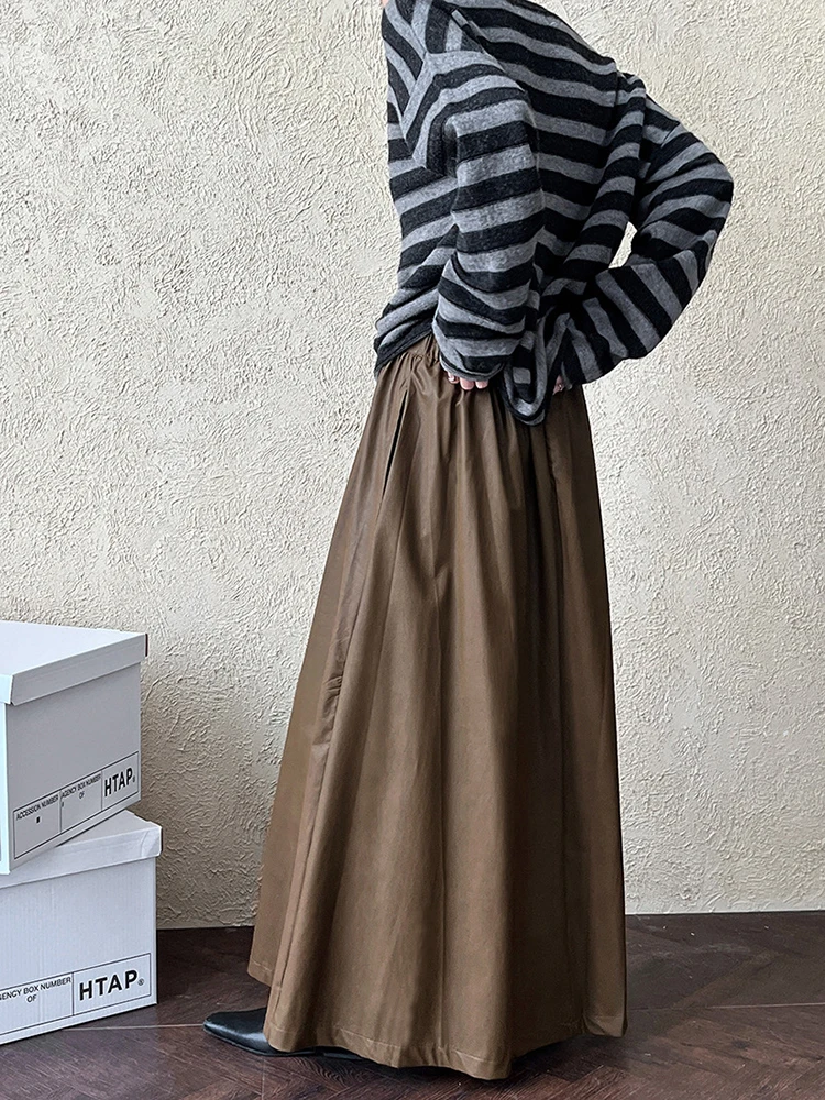 [EAM] High Elastic Waist Coffee Pu Leather Vintage Long A-line Half-body Skirt Women Fashion Tide New Spring Autumn 2024 1DH7198