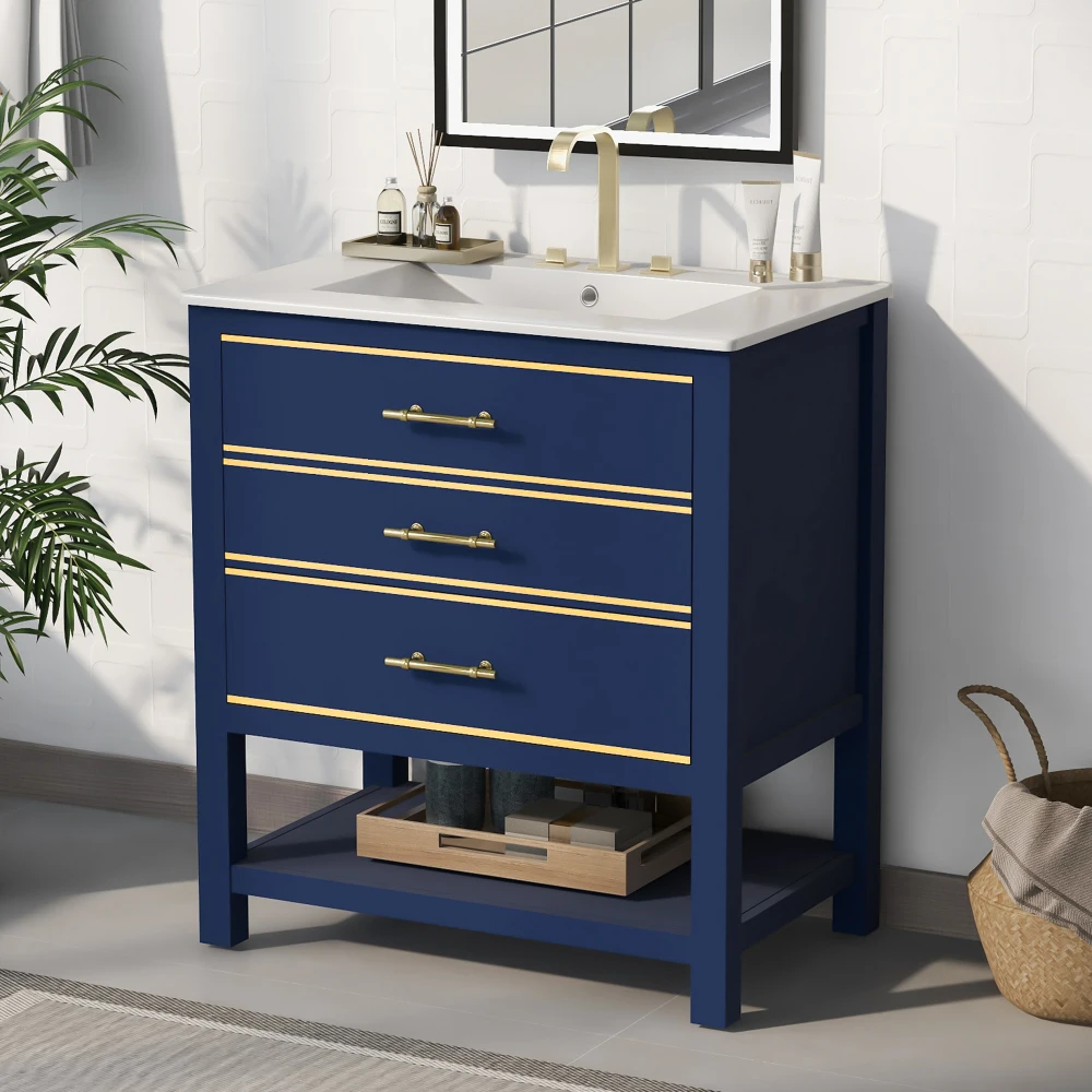 Modern 30inch Navy Blue/White Bathroom Vanity Cabinet Combo OpenStorge Two Drawers Bathroom Cabinets Storage Cabinet Furniture