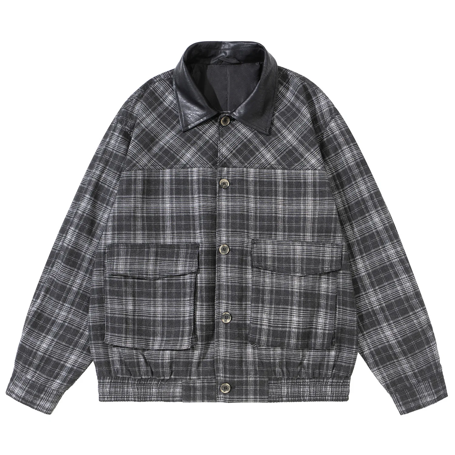 

2026 New Splice Leather Collar Plaid Coat Men Women Streetwear Vintage Casual Loose Lapel Plaid Cargo Jacket Couple Bomber Coat
