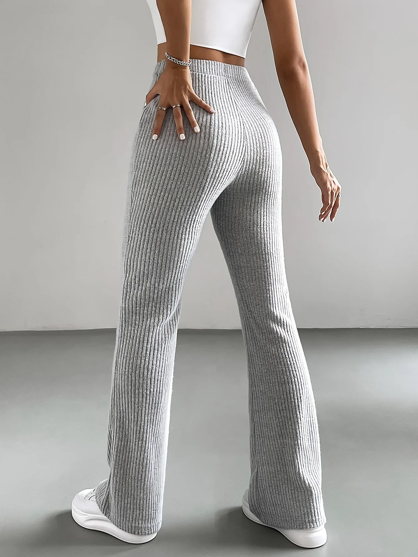Ladies Pure Color Casual Pants 2025 Spring Autumn Fashion Bell Bottoms Knitted Trousers Slim Fit Long Pants