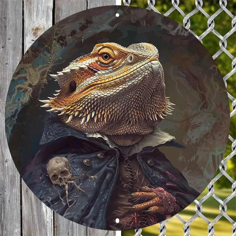 Bearded Dragon Lizard Circular Metal Sign, Decorative Aluminum Wall Art, Waterproof and Weather-Resistant, for Pet Lovers