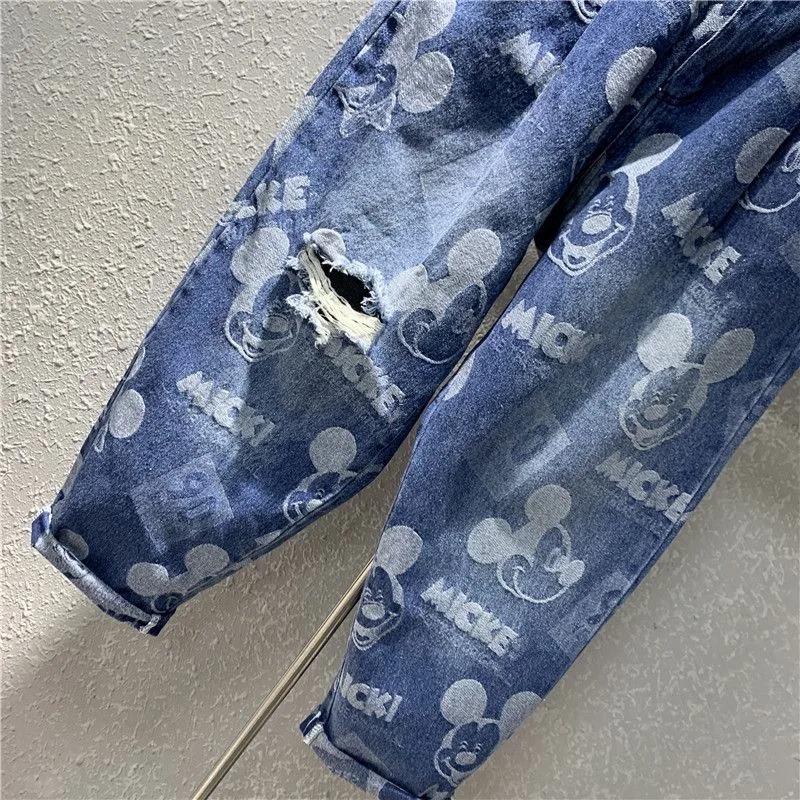 Celana Jeans Robek Mickey Kartun Disney Celana Harem Pelangsing Longgar Baru Musim Semi Musim Panas Wanita Pakaian Jalanan Wanita Pakaian Fashion Korea