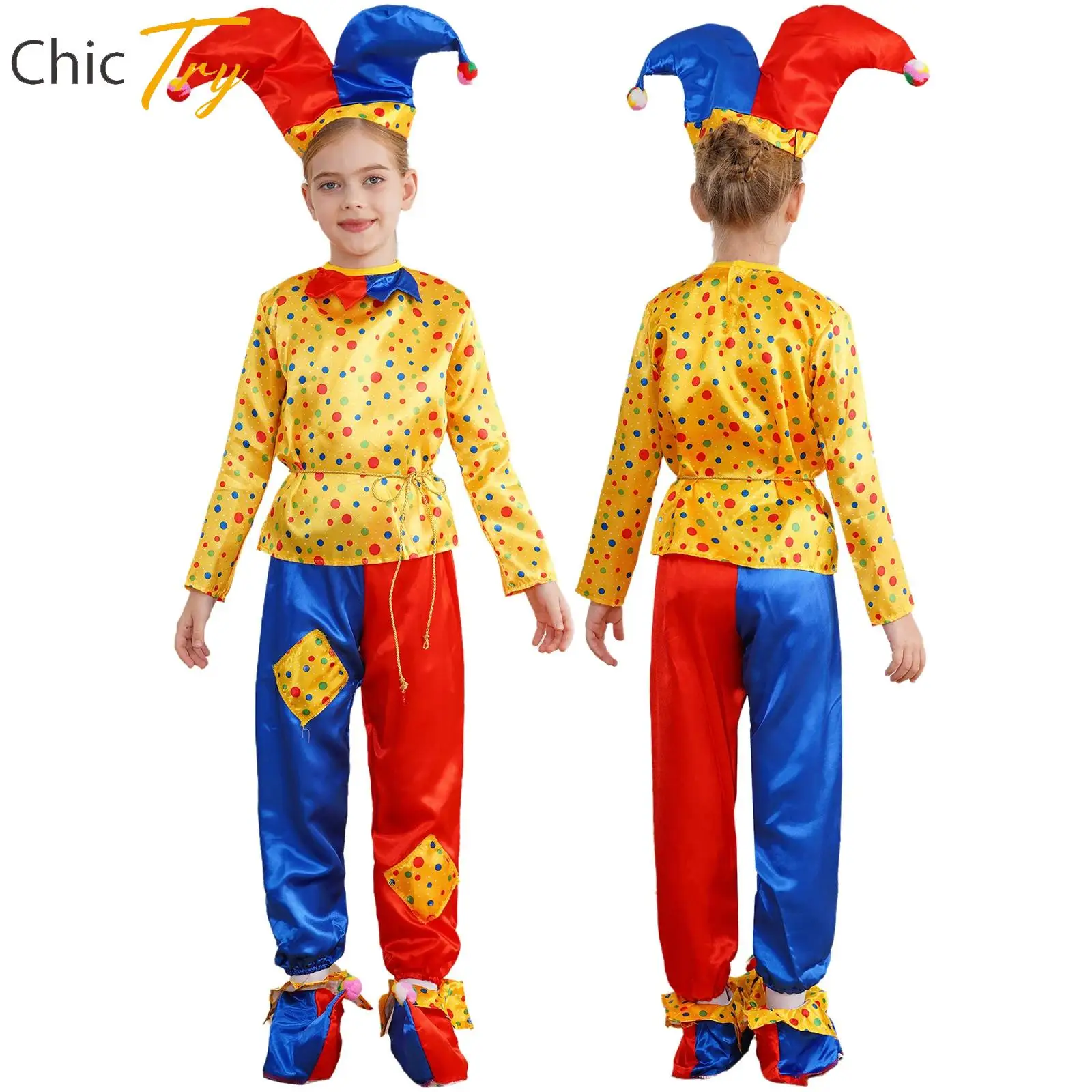 

Anime Halloween Cosplay Carnaval Clown Outfits Joker Cosplay Costume for Kid Unisex Jumpsuit with Hat And Shoe Cover 4Pcs Outfit