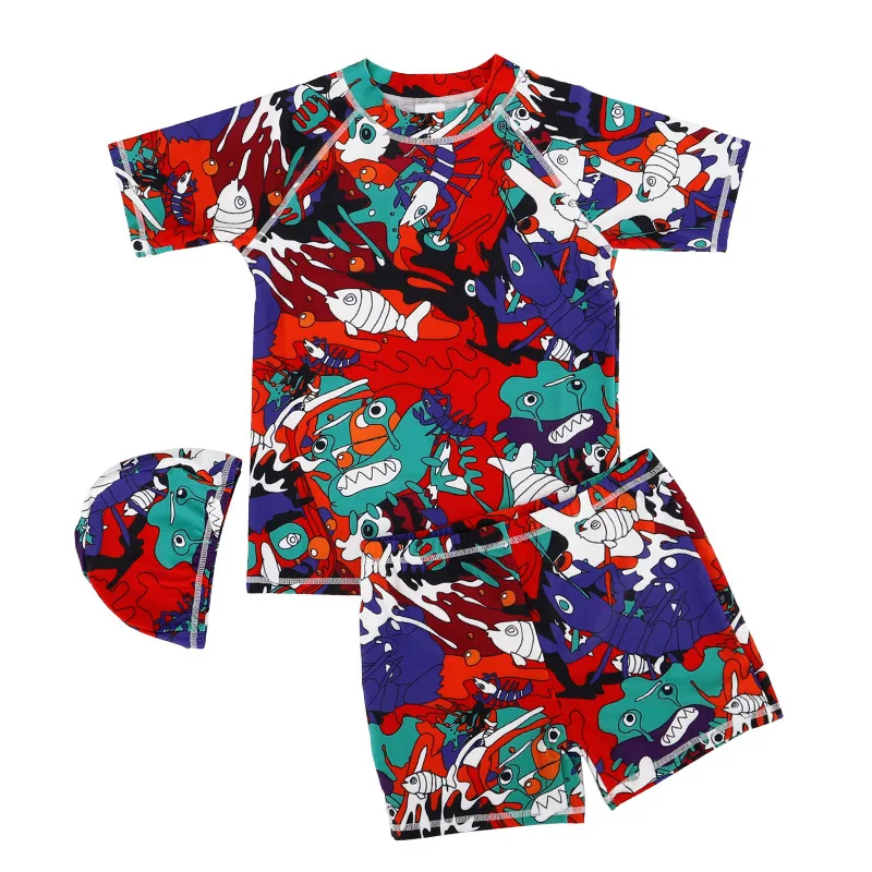 

Summer New Style Boys Anime Manga Swimsuit Set with Swim Cap UV Protection High Stretch Kids Swimwear for Family Beach Vacation