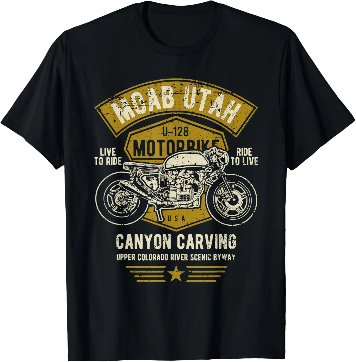 

Moab Utah U-128 Retro Motorcycle Canyon Carving Design T-Shirt Motorcycle