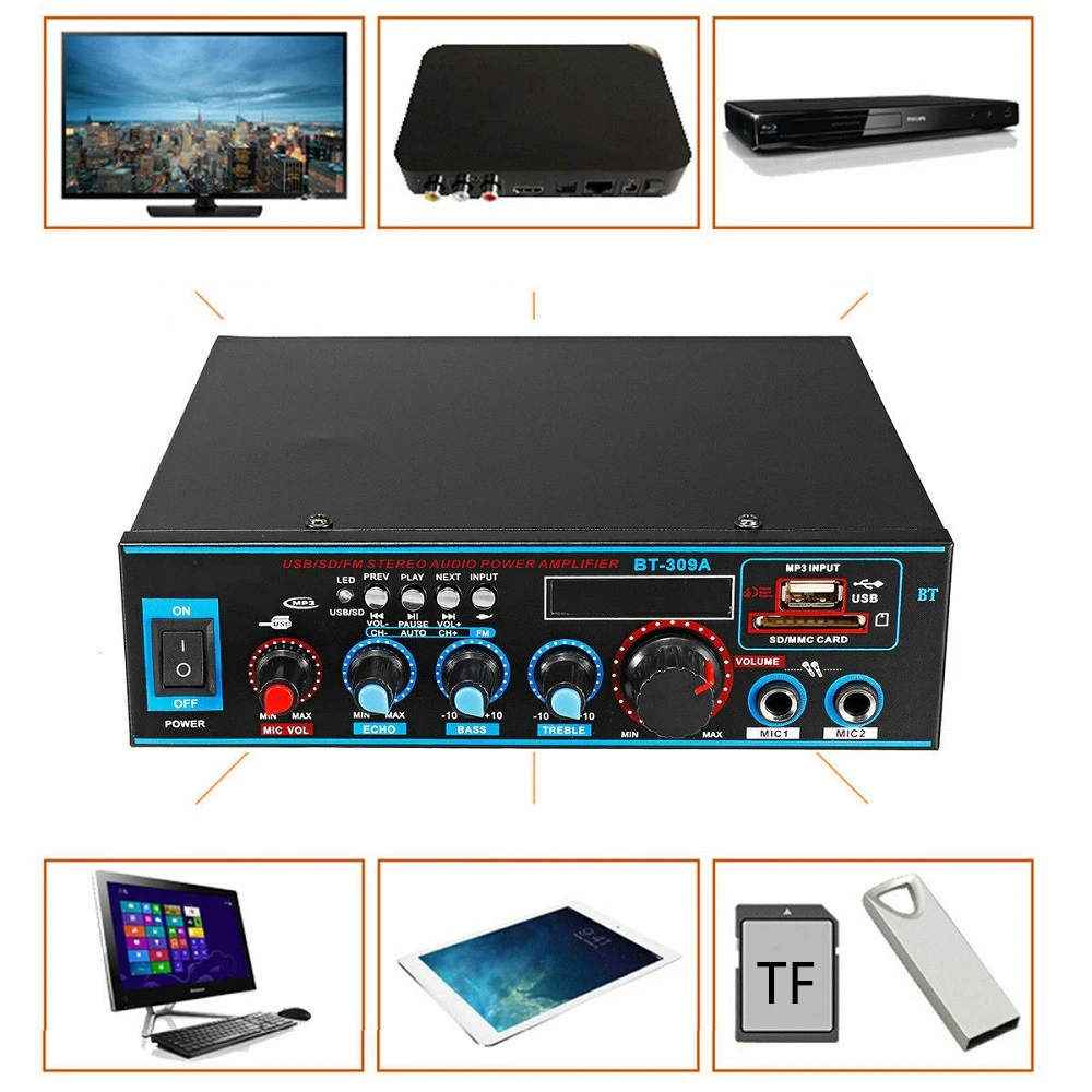 12V 220V 800W Bluetooth 5.0 Amplifier For Speakers 2.0 Channel Car Audio Power AMP Bass HIFI Music Player AUX FM TF With Remote