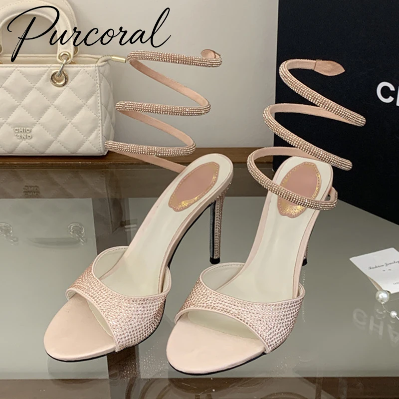 

Purcoral 2026 New Street Style Sexy Thin High Heels Women Sandals Fashion CRYSTAL Diamond Ankle Strap Shoes