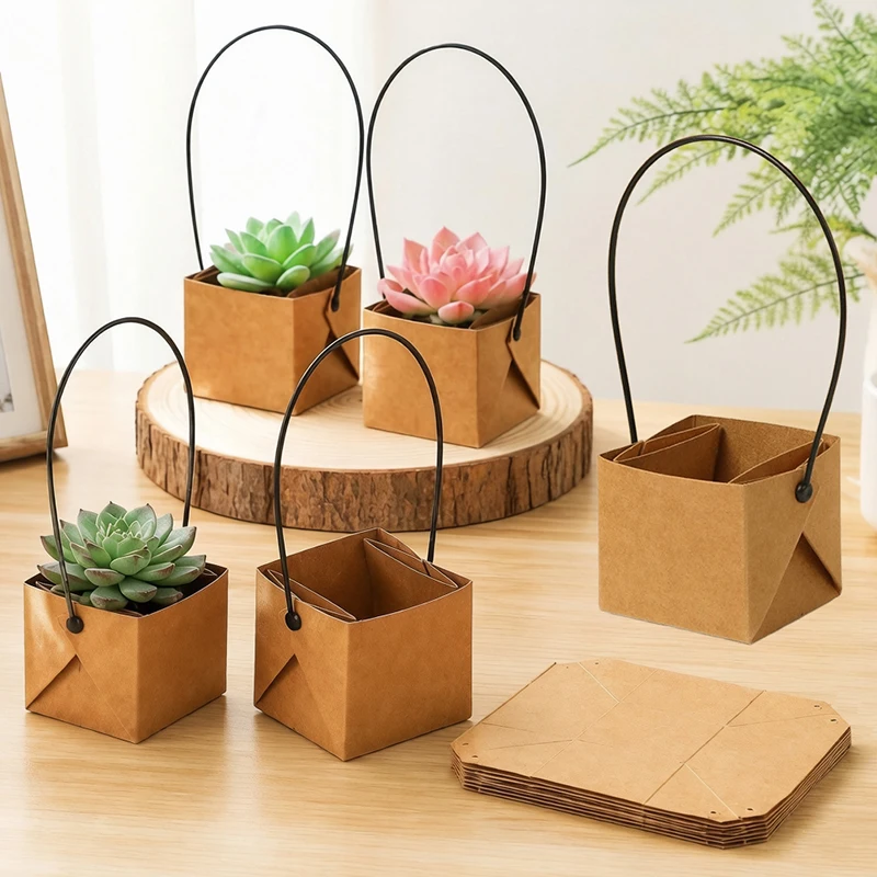 6/12PCS Kraft Paper Plantpot Mini Plant Container with Handle Cactus Succulent Desk Shelves Decorative Props Garden Supplies ZYF