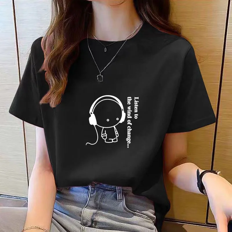 เสื้อยืดแขนสั้นสำหรับผู้หญิงเสื้อยืดเกาหลีใหม่สำหรับเสื้อผู้หญิงคอกลมทรงหลวมเสื้อยืดแฟชั่นผู้หญิงลายการ์ตูน