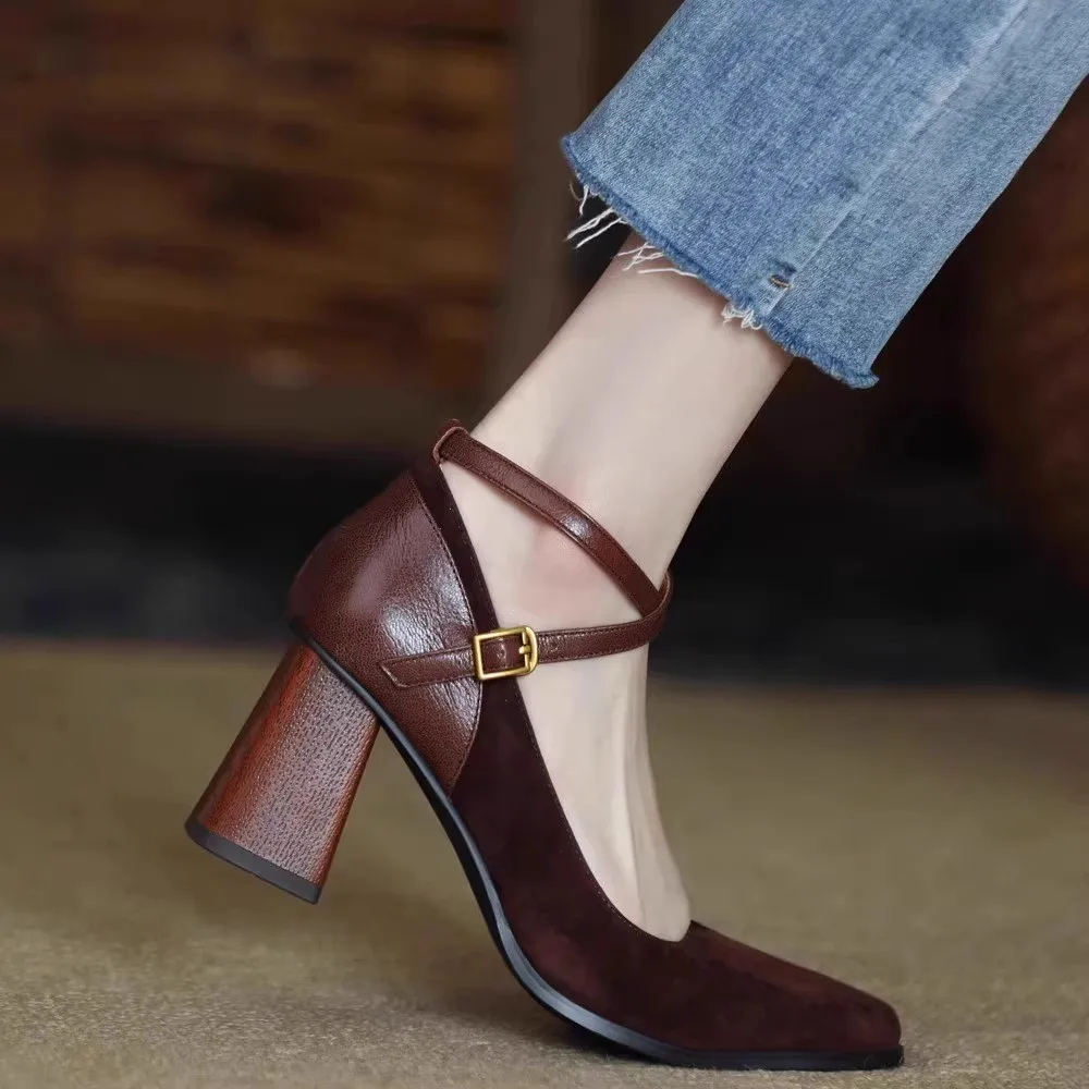 

2025 Spring and Autumn New Fashion Square Toe Thick Heel Retro Matte Sexy Trendy Cross Buckle Women's High Heel Pumps