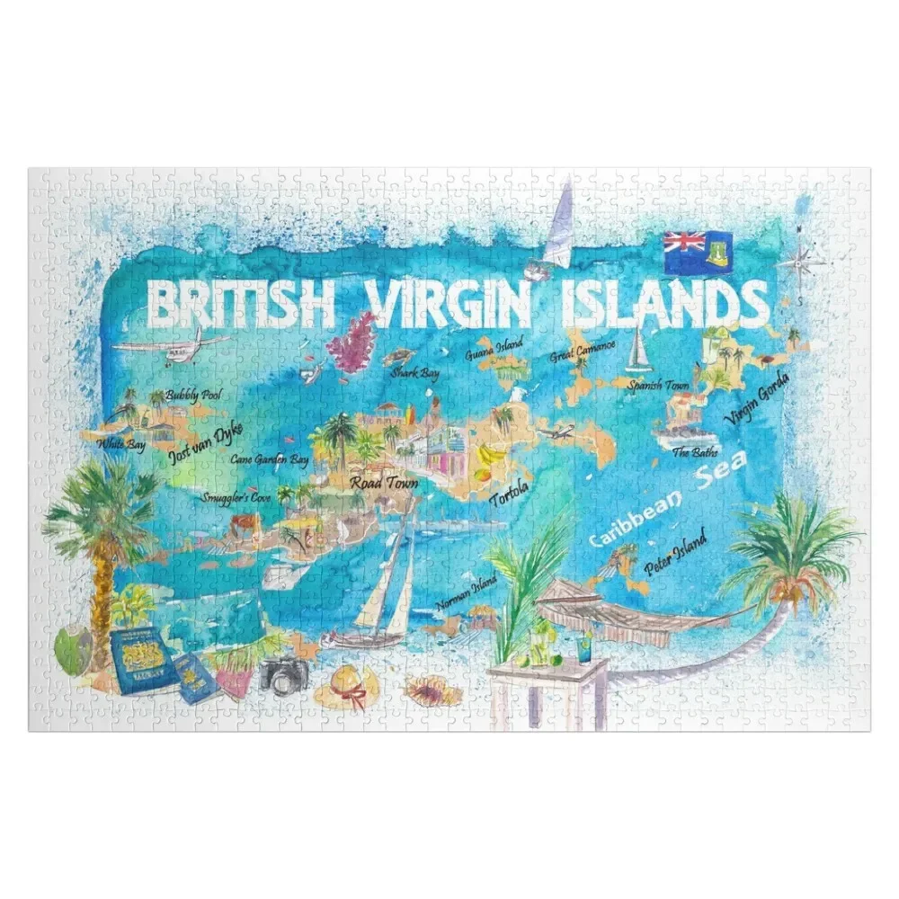 

British Virgin Islands Illustrated Travel Map with Roads and Highlights Jigsaw Puzzle Wood Photo Personalized Puzzle