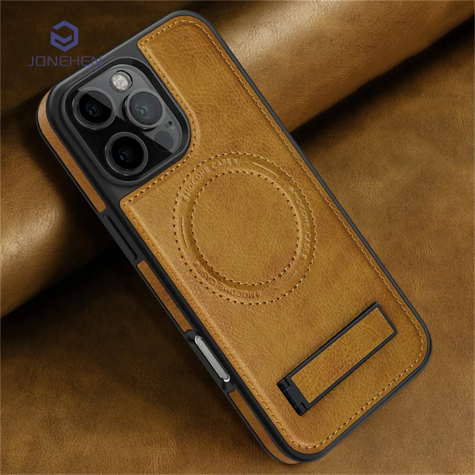 

Luxury Business Retro Leather For Magsafe Wireless Case For iPhone 16 15 Plus 14 13 12 11 Pro Max Magnetic Stand Holder Cover