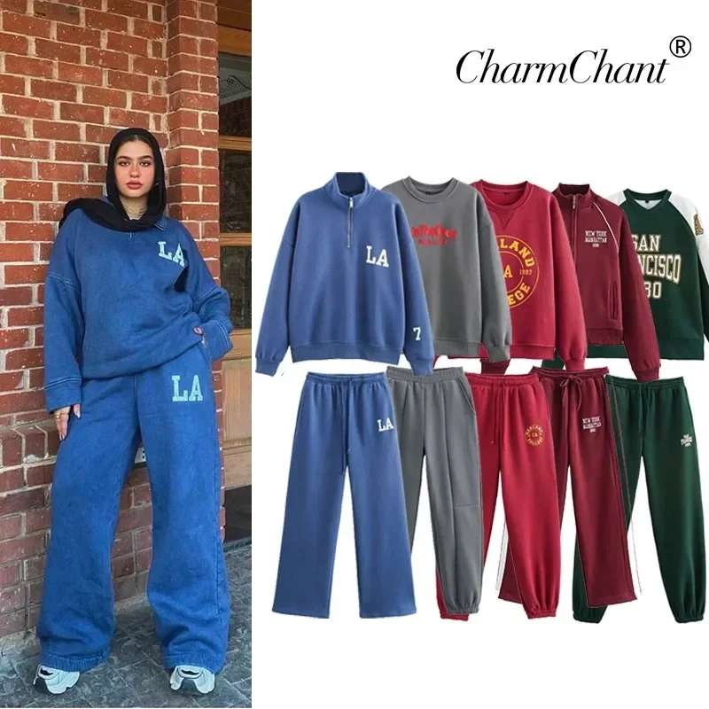 

Women's Tracksuit Jersey Sets Sweats Set 2025 Winter Cotton letter Suits Wide Baggy Pants Sportswear 2 Piece Set Women Outfits