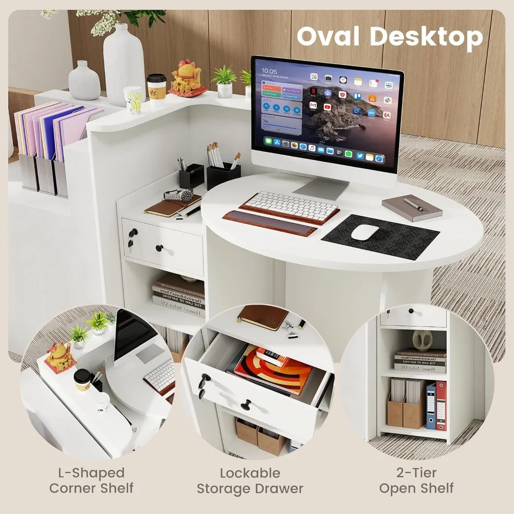 Reception Desk, Small Retail Checkout Counter with Lockable Drawer and Open Shelves, Wooden Front Desk Reception Counter