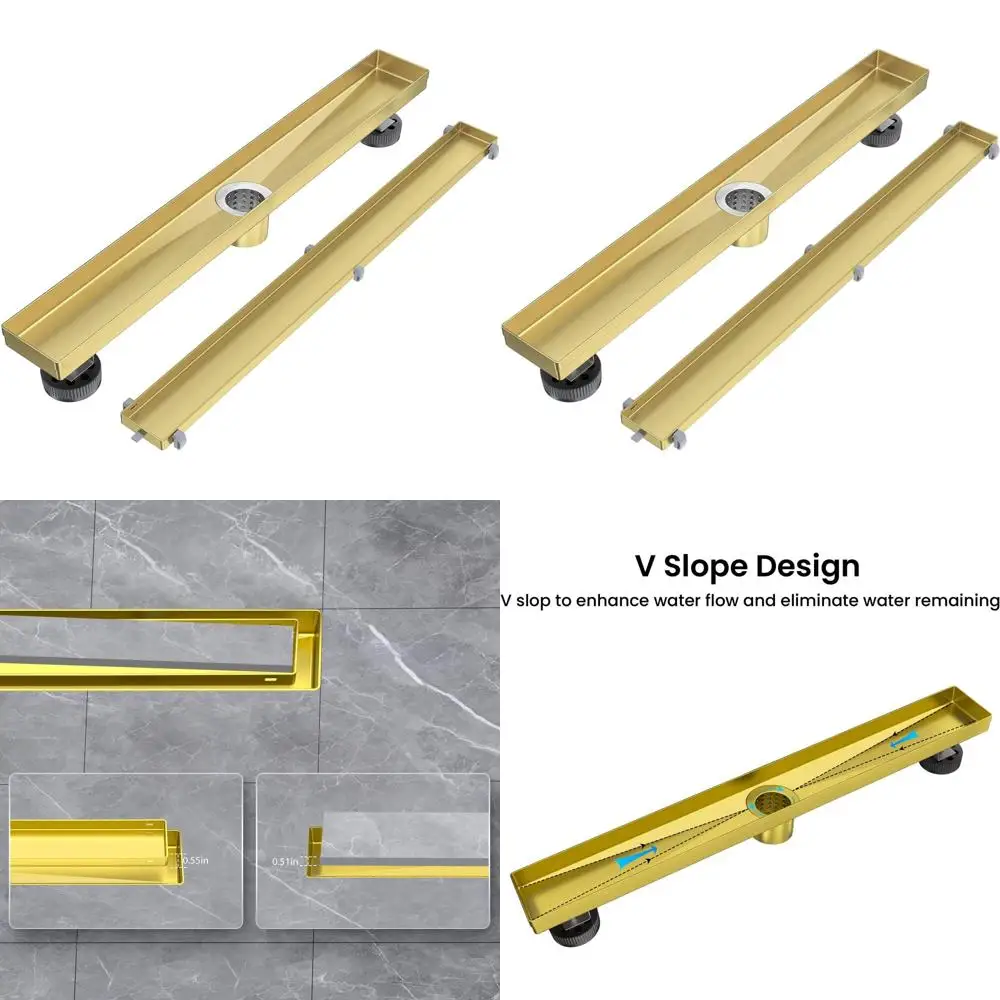 

36 Brushed Gold Linear Shower Drain with Tile Insert, Stainless Steel Cover & Hair Catcher, Adjustable Feet