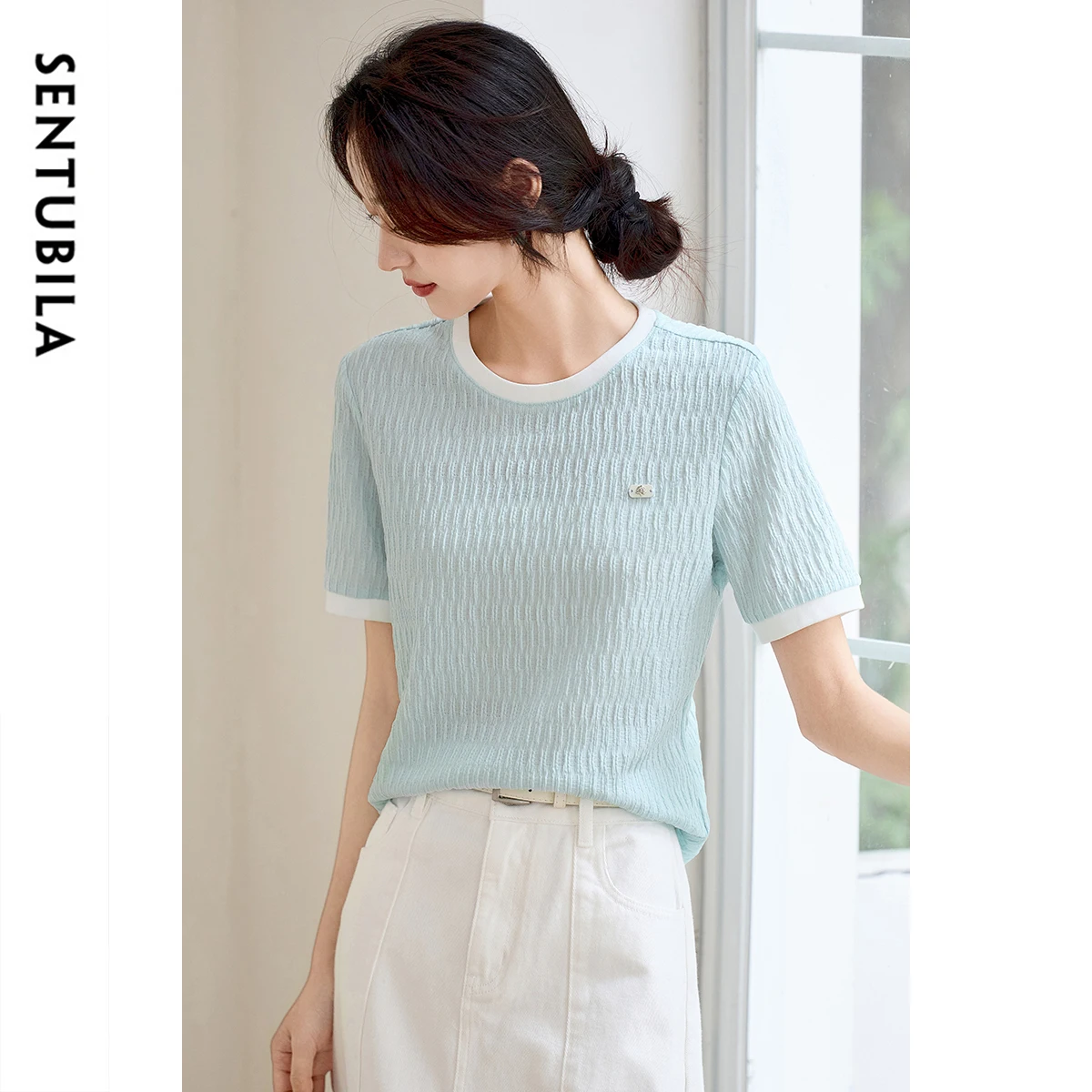 

SENTUBILA Women's Short Sleeve Tee 2025 New Collection Pleated Casual Style Tops Summer Knitwear T-shirt Woman Clothes Q52TN1656