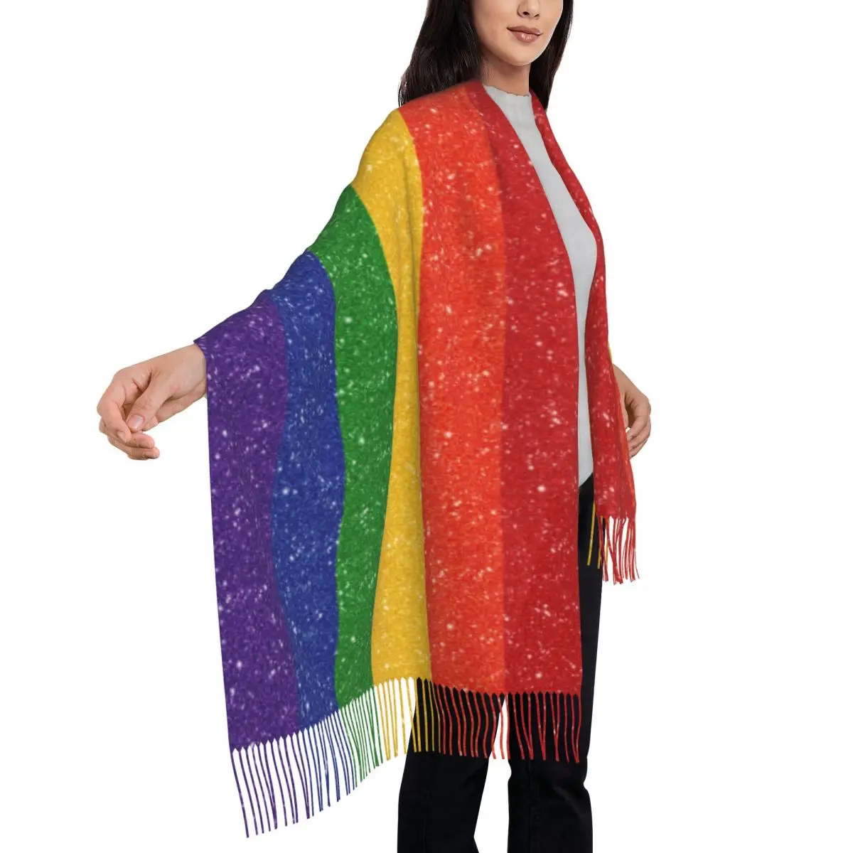 Faux Glitter Rainbow Pride Flag Scarf Wrap for Women Long Winter Warm Tassel Shawl Unisex LGBT Gay Lesbian Scarves