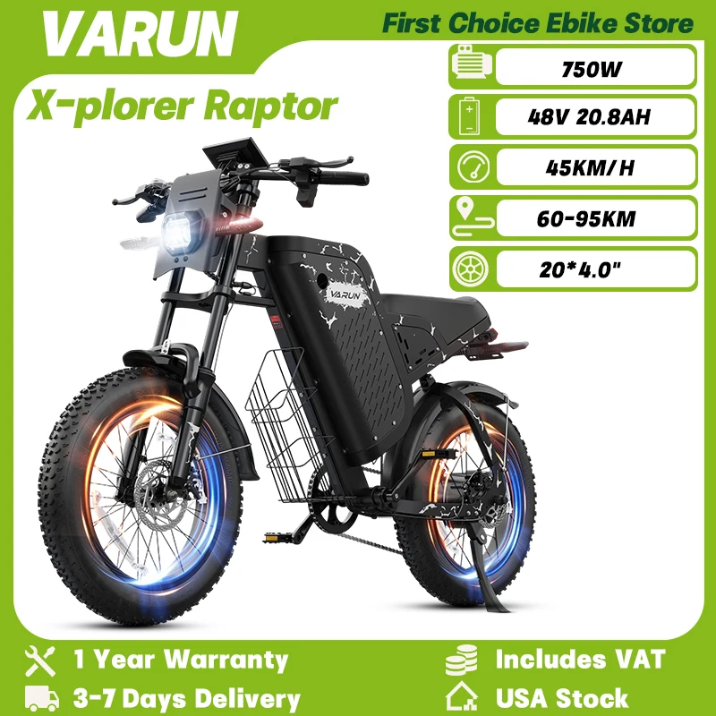 

VARUN X-plorer Raptor Adult Mountain 750 Вт Двигатель 48 В 20,8 Ач Аккумулятор Внедорожный электрический велосипед 20*4,0 "Городской электрический велосипед с толстыми шинами