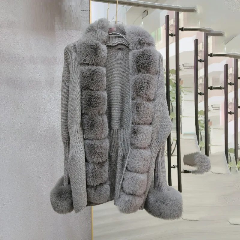 

2026 вязаный кардиган с воротником из искусственного меха для женщин, осень-зима, высококачественное пальто, модная куртка-свитер с шалью