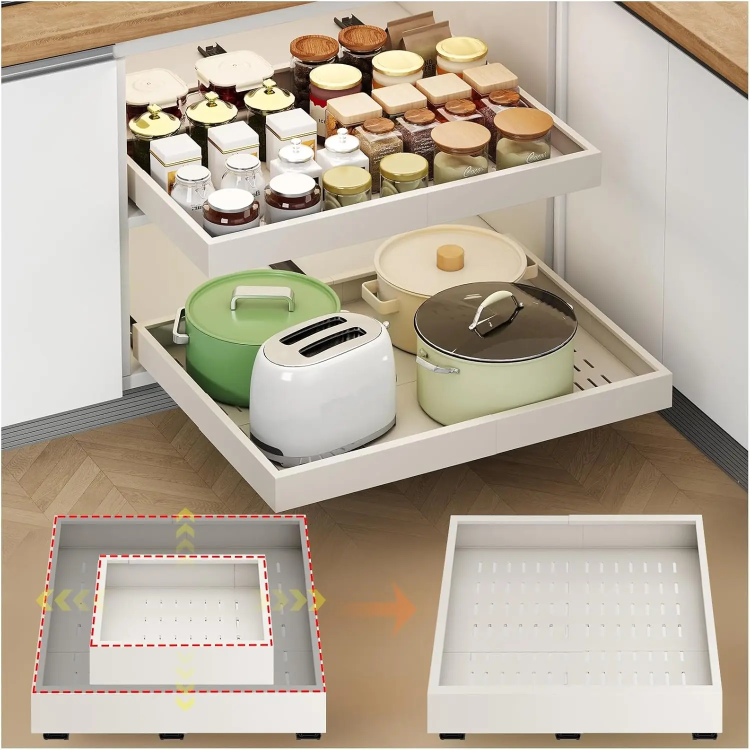 

2Pc Pull out Cabinet Organizer,Width (14"-21"),Depth(17"-24") Expandable with 3 Rails,No Drill Roll out Drawers,Adhesive Slid