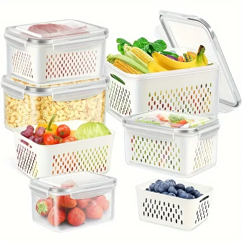 

6pcs Multifunctional Plastic Food Storage Containers with Airtight Lids for Refrigerator Freshness Preserving Bins with Drainage