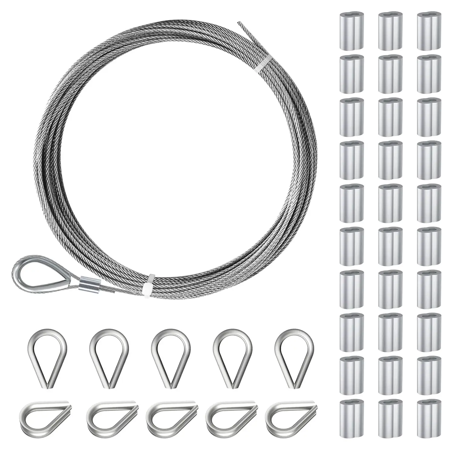 

1/16" 304 Stainless Steel Cable 33ft, 7x7 Strand Wire Rope with Loop Sleeve and Thimble for Deck Railing, Garden Fence, Outdoor Hanging