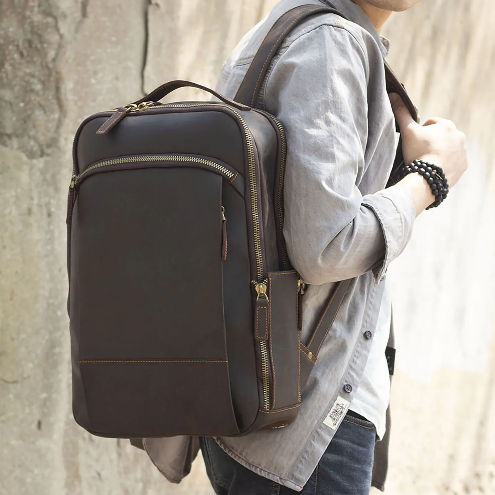 S.WORKER Vintage Echtleder Herrenrucksack 16" Laptop-Tasche Lässige Crazy-Horse-Leder Schultasche Handgefertigte Taschen für Männer – Detail 5