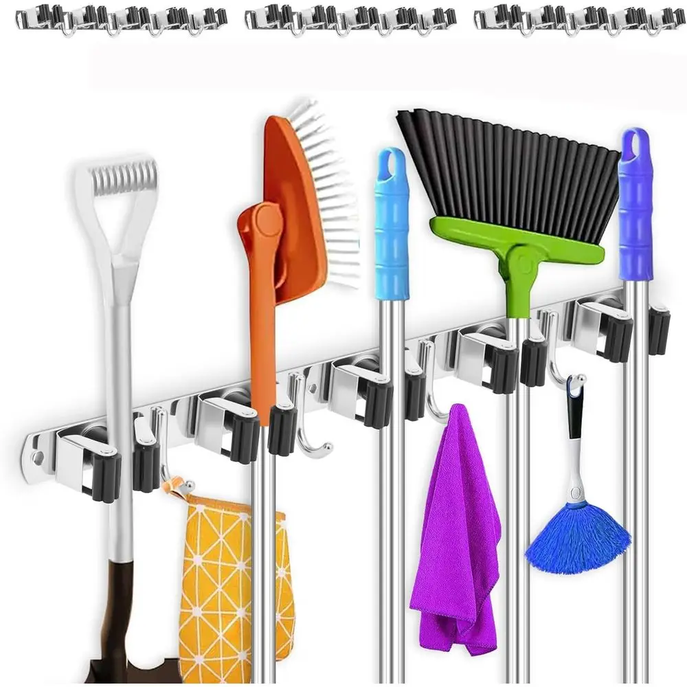 

Настенный держатель для метлы и швабры из нержавеющей стали с 5 стойками и 4 крючками для защиты от скольжения, высокой нагрузки и водонепроницаемости.