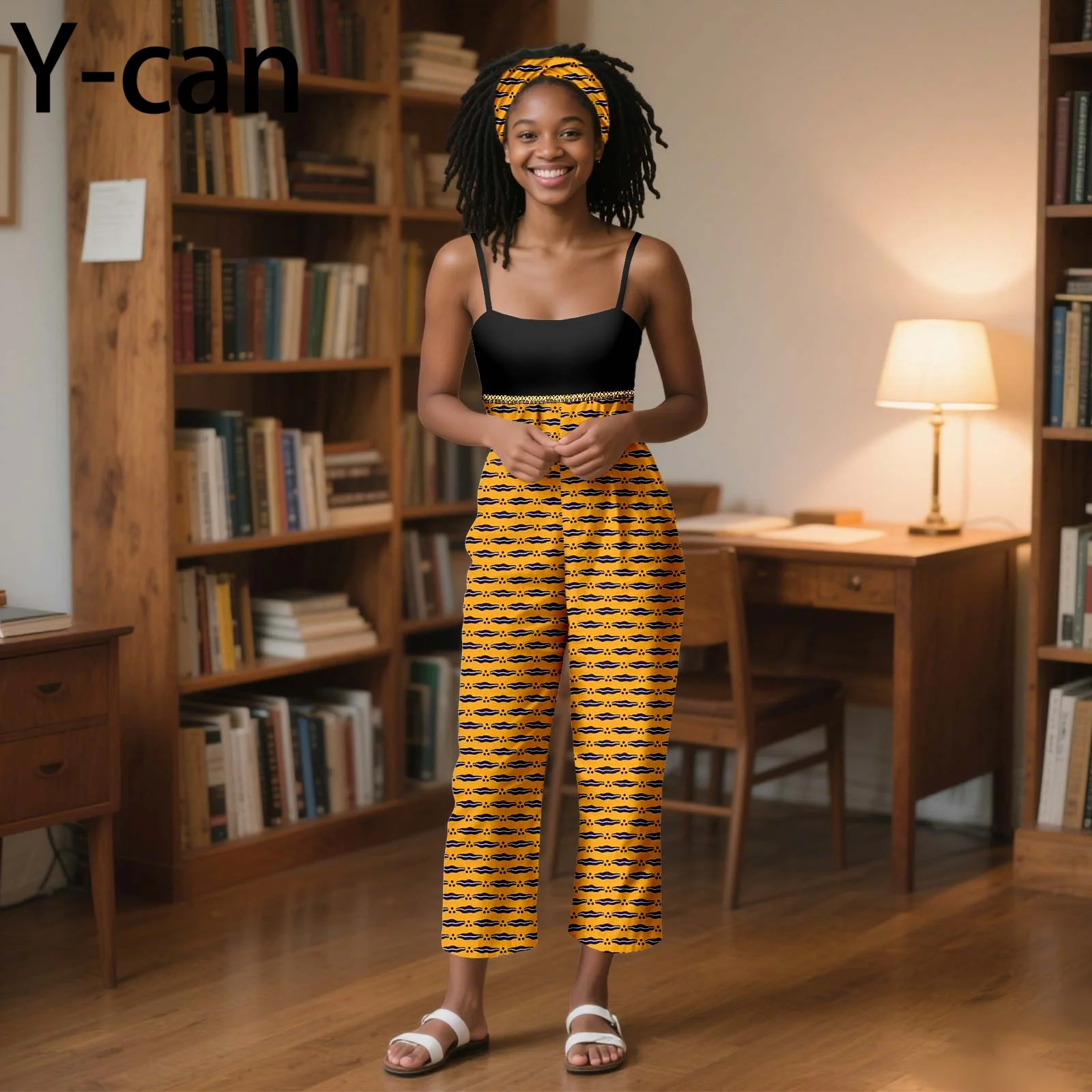 African Women Jumpsuit Halter Patchwork High Waist Calf Length Pants With Headtie Causal Dashiki Ankara Cotton Wax 2529002