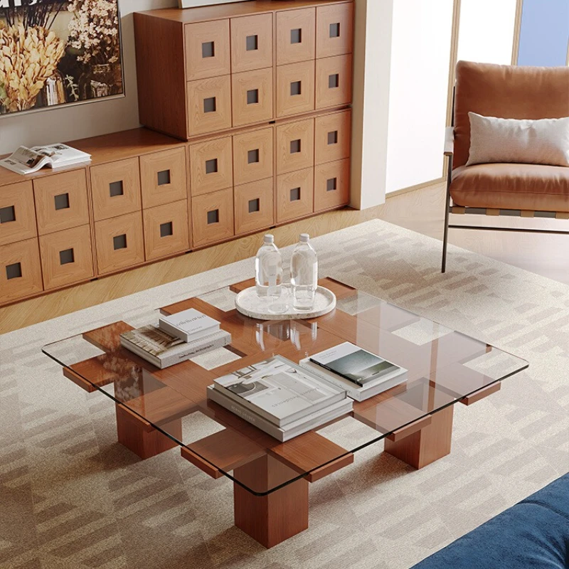 

Retro art glass coffee table, solid wood wabi-sabi wind, living room square tea table, tea table