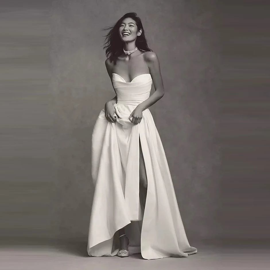 

Slit dress Wedding Dresses sweet-heart A-line back button Sash Bride Wedding Gowns Boho Vestido de Noiva with bowknot