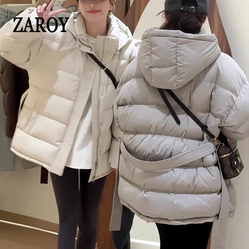 With Belt Solid Fashion Female Thin Windproof Puffer Coat Loose Snow Overcoat Women Autumn Hooded Cotton Padded Jackets