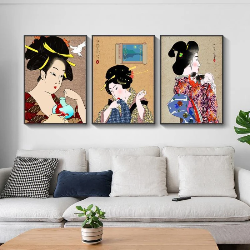 Ukiyoshi Japanese Style Kimono Beauty Posters Japanese Cuisine Sushi Restaurant and Style Restaurant Painted Wall Art Decoration