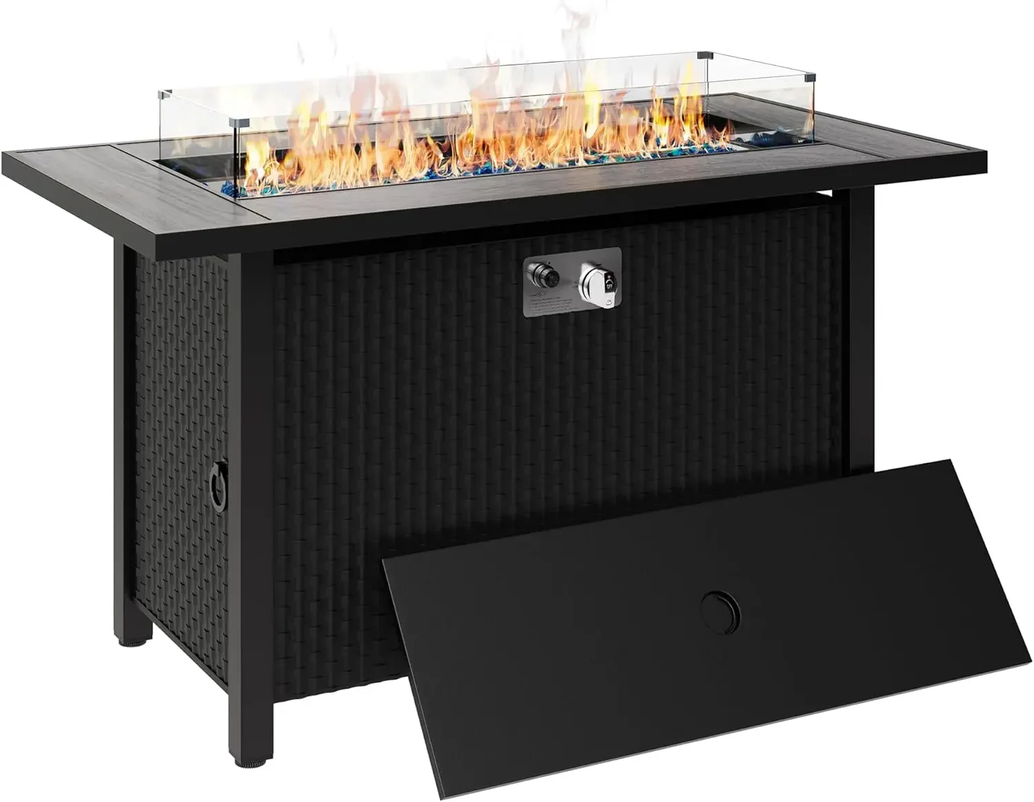 

home.Walsunny 45 inch Outdoor Propane Fire Pit 50,000 BTU Gas Fire Pit Table with Lid, Glass Wind Guard