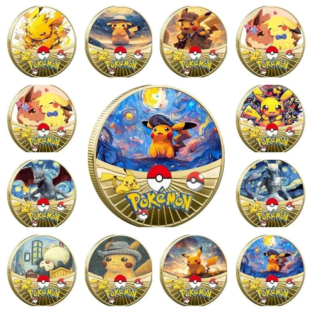 Pokemon Starry Sky Oil Painting Coin Commemorative Medal Pokemon Gold Coin Metal Set Pikachu Charizard Commemorative Anime Baby