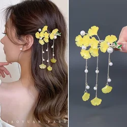 New Chinese Style Yellow Ginkgo Leaf Pearl Tassel Hairpin Female Trendy Charms Hair Clip Bridal Wedding Jewelry Exquisite Gift