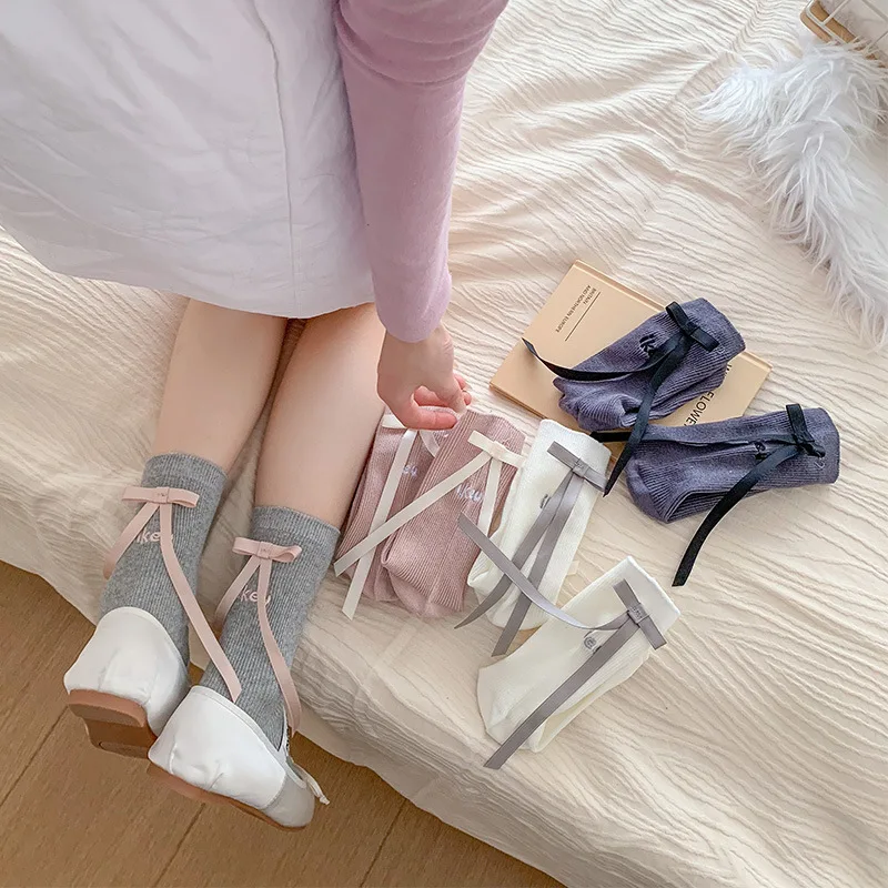 

1 пара корейских модных милых носков для школьниц, милые носки ярких цветов с бантом и лентой, мягкие хлопковые балетные жаккардовые носки с буквами