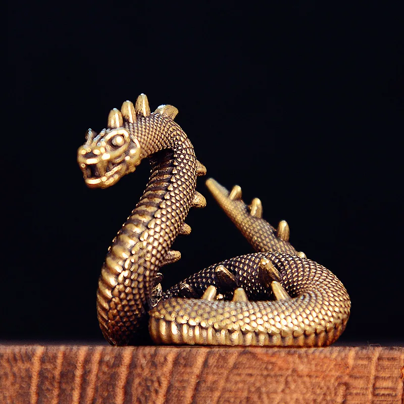Solid Brass Dragon Snake Small Statue Vintage Miniatures Figurines Desktop Decorations Crafts Home Decors Ornaments Sculptures