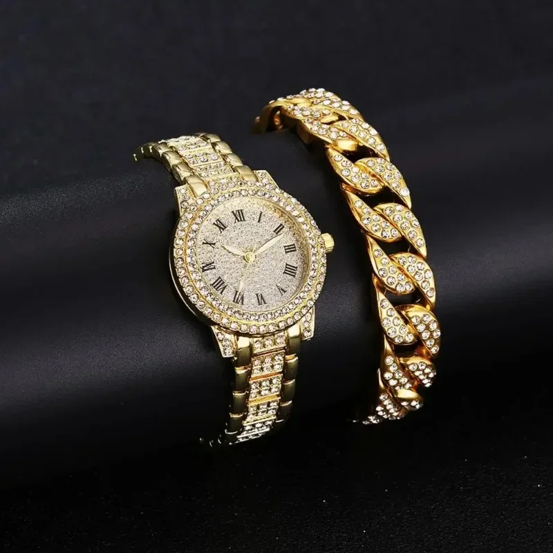 2Pcs/Set Women Watch Bracelet Rhinestones Steel Round Dial Quartz Movement Roman Numerals Decorate Jewelry Ladies Watch No Box