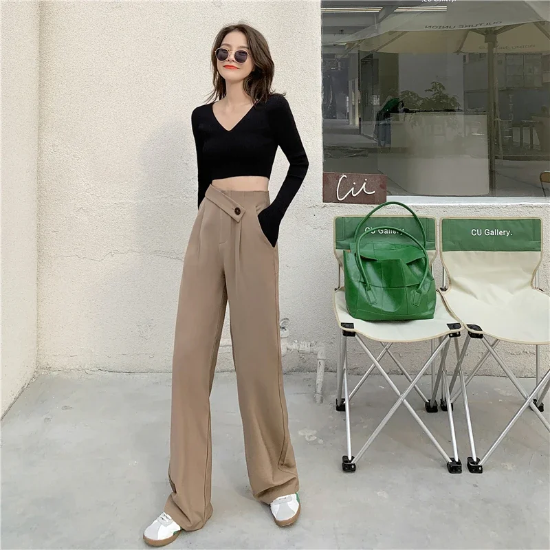 Women High Street Fashion Button Office Pants 2024 Spring New Casual Wide Leg Solid Color Ladies Long Pants Elegant Trousers Pop