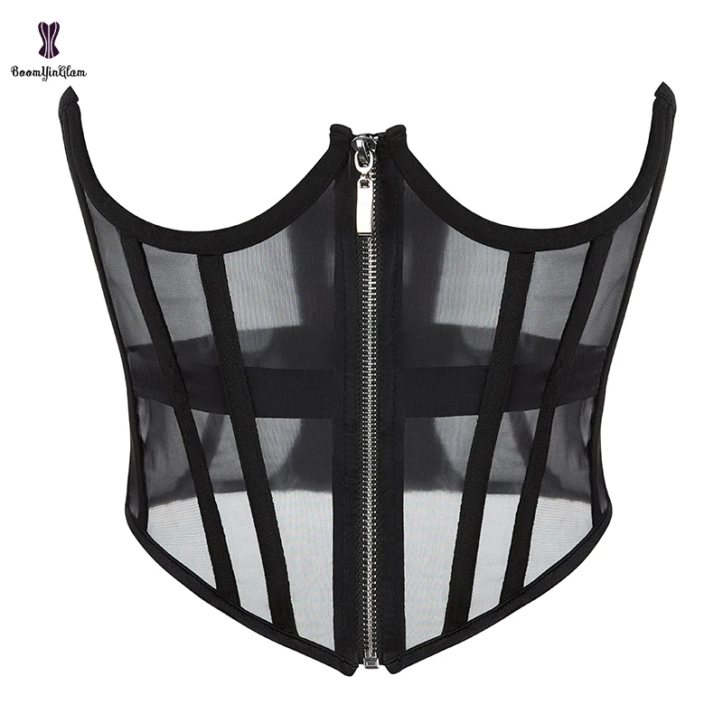 Summer Going Out Cincher Shaper Front Zipper See Through Mesh Lace Up Boned Underbust Corset Open Cup Waist Trainer Bustier