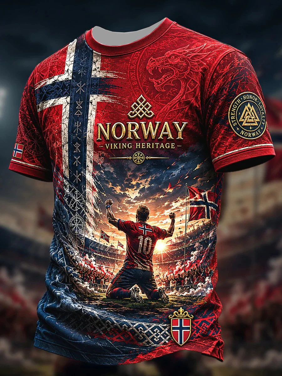 Norwegen Fußball T-Shirt Herren Viking Grafik Norge Kreuz Bedrucktes Trikot Sommer Kurzarm Retro Streetwear Freizeitkleidung 4 – Detail 6