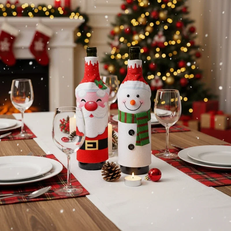 Cartoon Santa Claus Wine Bottle Cover Reusable Christmas Decoration for Restaurants Family Dinners Holiday Party Atmosphere