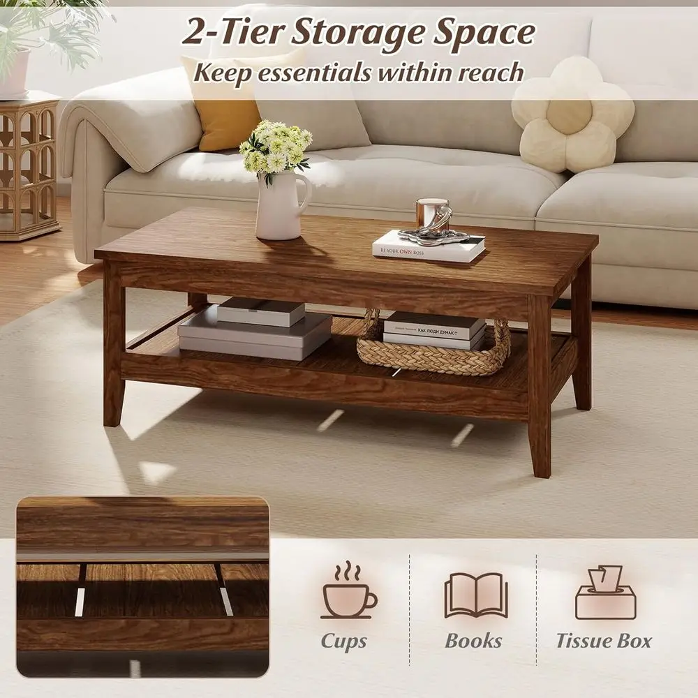 Vintage 2-Tier Walnut Coffee Table with Slatted Shelf for Mid-Century Modern Living Rooms