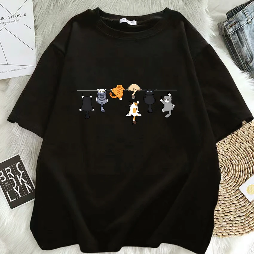 Women's T-Shirt White Cute Cat Print Round Neck Short Sleeve Casual Short Sleeve with Unique Cat Print Clothing Tee Female Tops