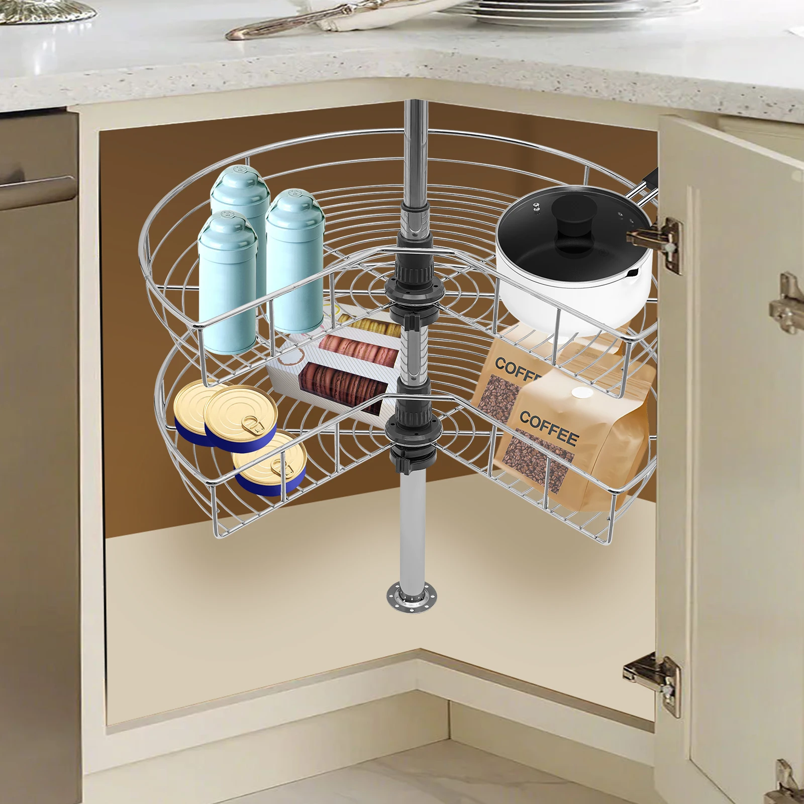 2-tier Rotating Storage Shelves Rack, Removable Basket Shelf Organizer, Rotating Kitchen Shelf