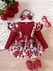 1-2 year old new baby girl spring and autumn red flying sleeve fake two-piece patchwork bow flower print dress