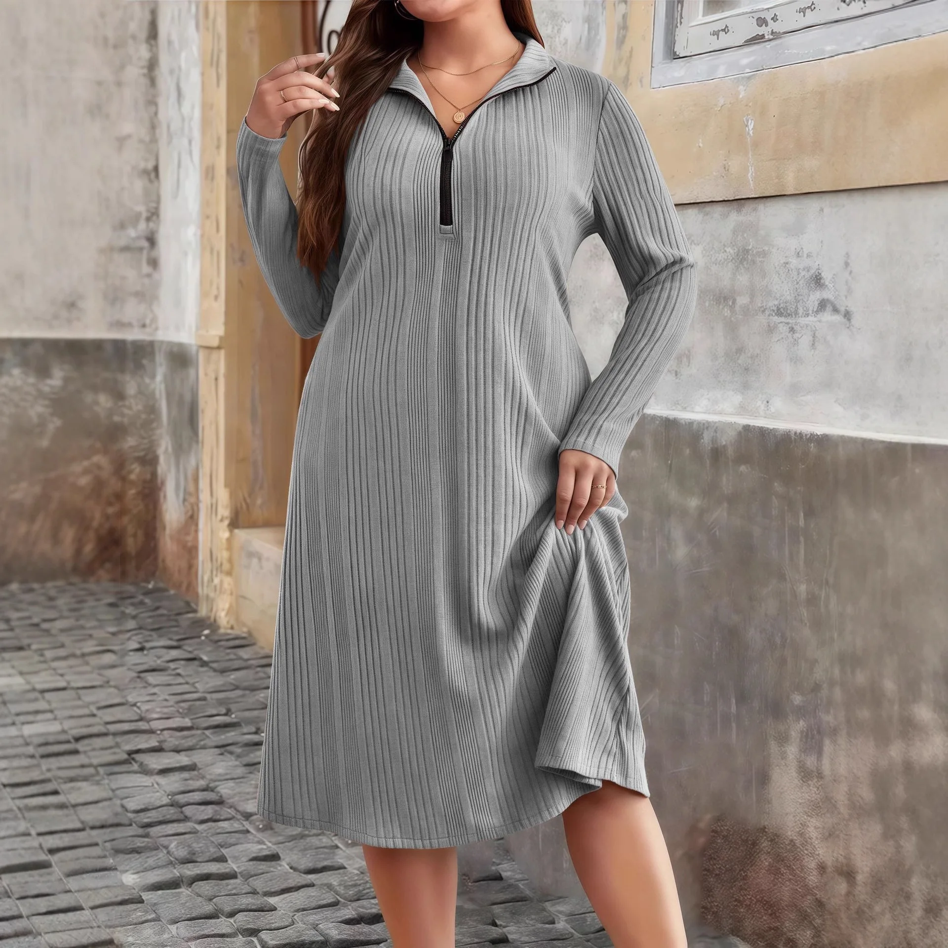 

2026 5XL Плюс Размер Вязаное Платье в рубчик Женское Платье на молнии спереди с круглым вырезом Элегантное повседневное однотонное зимнее платье с длинным рукавом больших размеров
