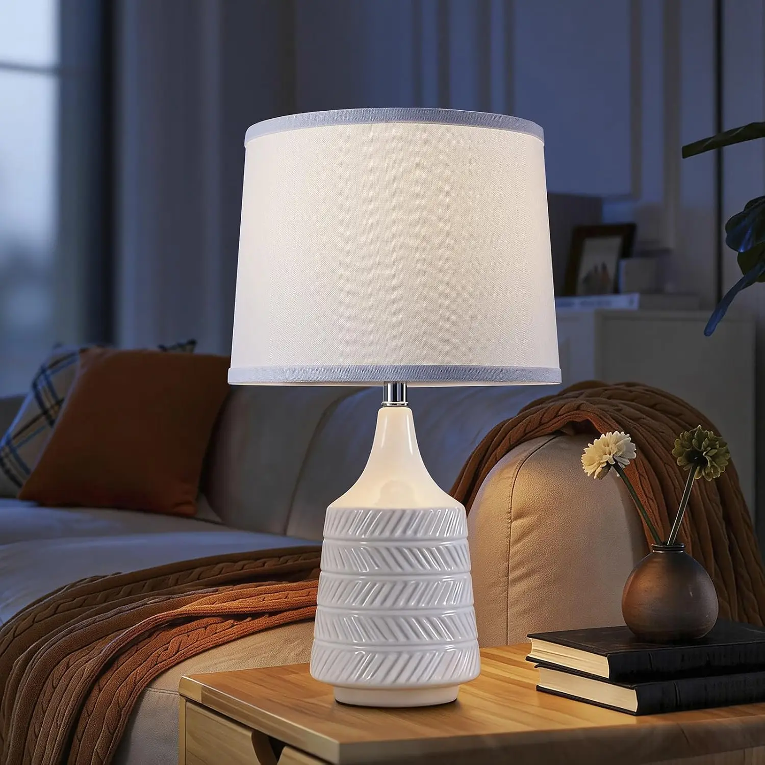 Set of 2 White Ceramic Table Lamps, 18.5" Modern Bedside Lamps for Night Stands, Farmhouse Decor with LED Bulbs view 4